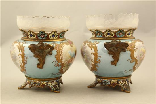 A pair of Sevres style porcelain champleve enamel and gilt brass mounted vases, c.1900, 14cm x 17cm
